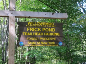 Frick Pond trailhead parking sign photo by L Lyons